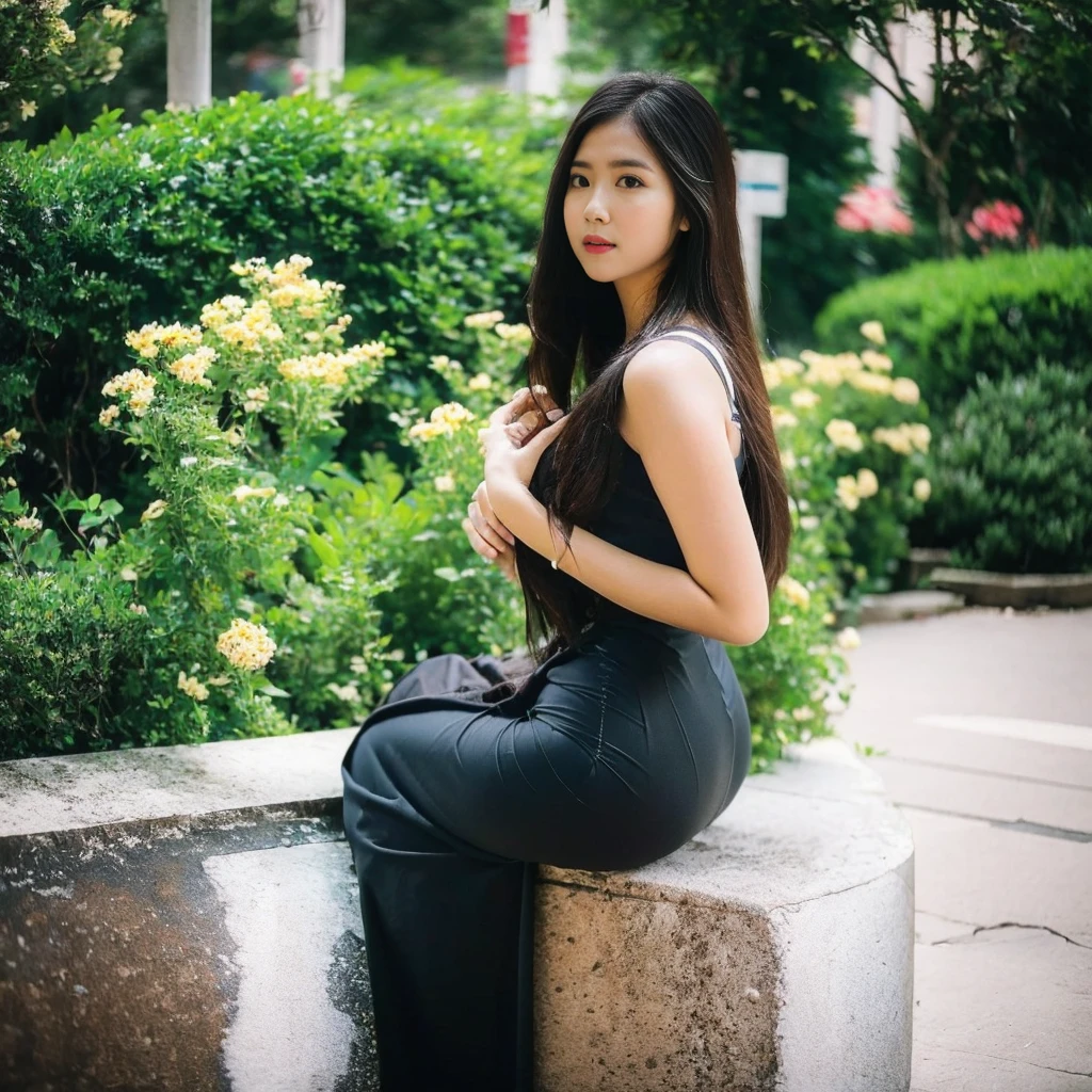 (masterpiece), (best quality), (ultra detailed),(disheveled hair),(illustration), (1girl), (Fashionable clothing), standing, full body shot ,looking at viewer, (interview), (simple background),beautiful detailed eyes, delicate beautiful face,  best lighting, best shadowkorean, gorgeous lady,
attractive beautiful face, wearing myanmar outfit , 
standing 
hand together in front, 
standing near the street,
long black hair on shoulders, 
sexy and seductive eyes, 
high angle shot, 
beautiful nose,
mdeium size breast and buttock,
hyperrealistic cinematic shot,  Sitting , Long Green skirt, Perfect Butt,Perfect Boobs ,Sitting ,Looking Back side , 