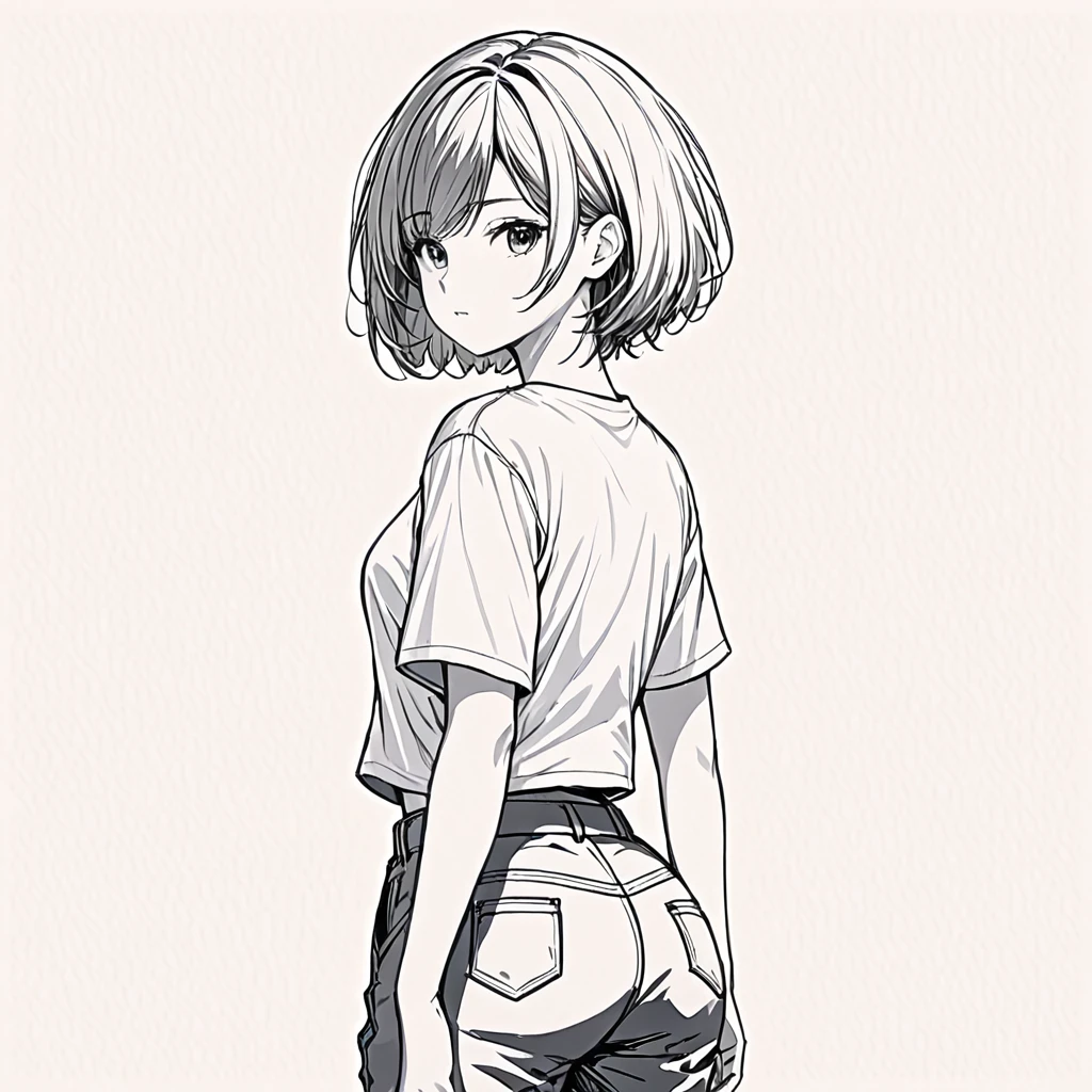 masterpiece, highest quality, High resolution / hire, Super detailed, shape, from before, cowboy shot, looking at the viewer, (1 female:1.2),straight short hair, cargo pants, T-shirt, ((simple white background)), closed mouth, looking back, white background, monochrome, line drawing, ((sketch)), middle chest,