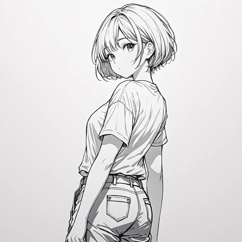 masterpiece, highest quality, High resolution / hire, Super detailed, shape, from before, cowboy shot, looking at the viewer, (1 female:1.2),straight short hair, cargo pants, T-shirt, ((simple white background)), closed mouth, looking back, white background, monochrome, line drawing, ((sketch)), middle chest,