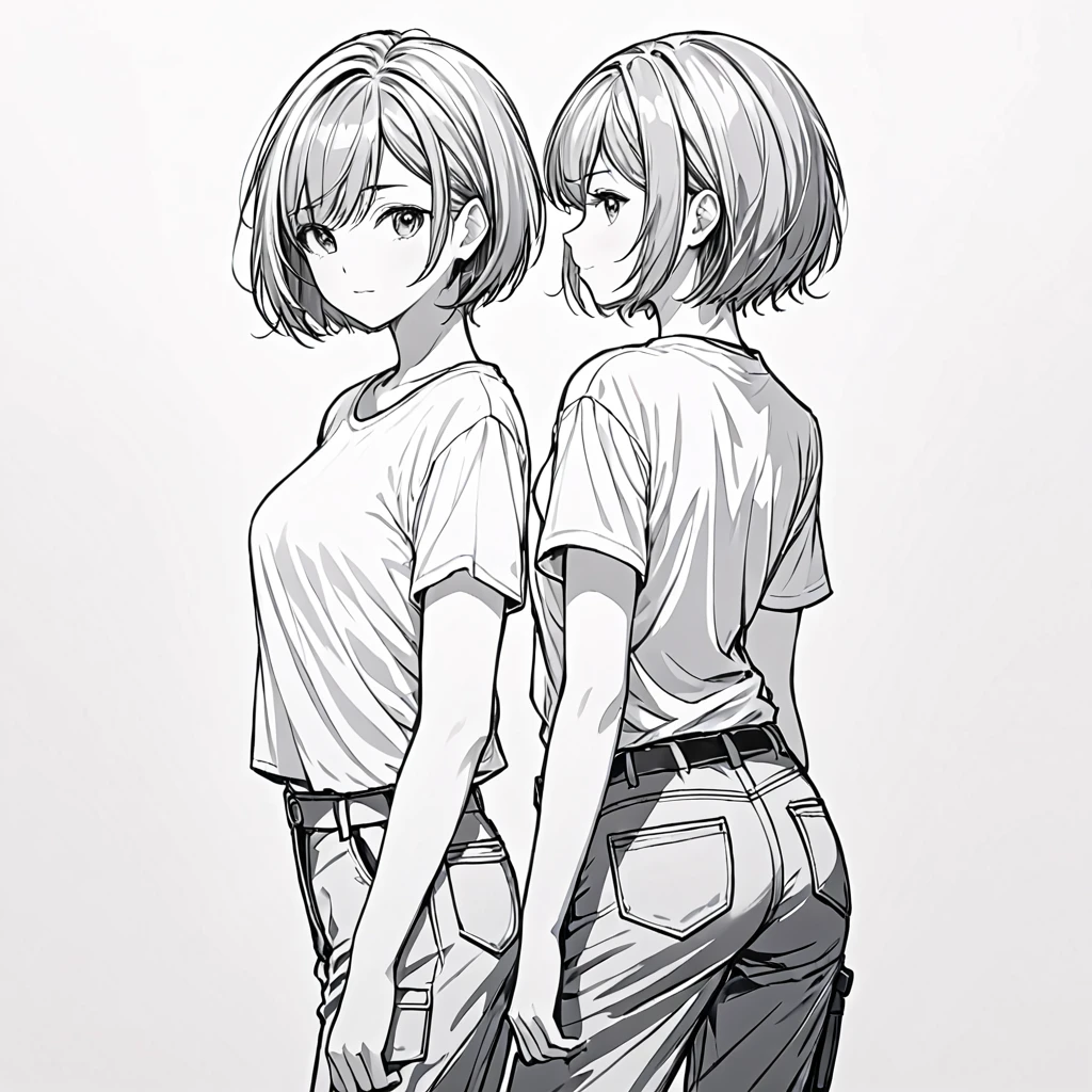masterpiece, highest quality, High resolution / hire, Super detailed, shape, from before, cowboy shot, looking at the viewer, (1 female:1.2),straight short hair, cargo pants, T-shirt, ((simple white background)), closed mouth, looking back, white background, monochrome, line drawing, ((sketch)), middle chest,