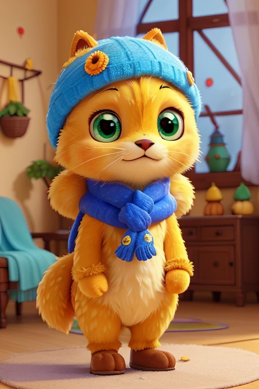 Create an image of an adorable furry and cuddly character with yellow fur, olhos grandes e brilhantes, wearing an elegant blue hat decorated with small orange fruits and leaves. The character is also wearing a blue scarf with small green dots.. The background should be soft and blurred, suggesting a cozy and modern indoor environment, with soft lights in the background."