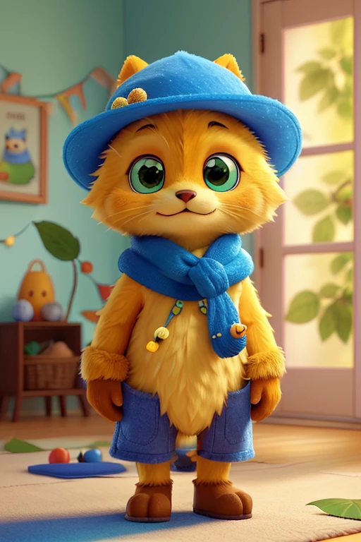 Create an image of an adorable furry and cuddly character with yellow fur, olhos grandes e brilhantes, wearing an elegant blue hat decorated with small orange fruits and leaves. The character is also wearing a blue scarf with small green dots.. The background should be soft and blurred, suggesting a cozy and modern indoor environment, with soft lights in the background."