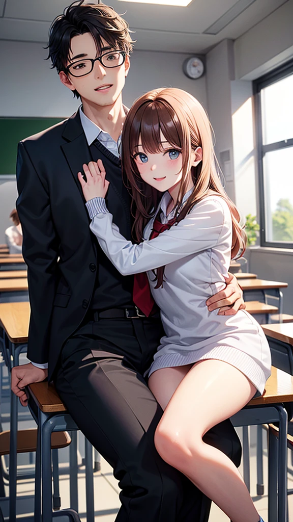 highest quality、4K quality、Man sitting on chair in classroom, man young, smart, A high school backwards on a men、a man puts his hand inside a woman&#39;s clothes、The woman has bare legs、The woman is slender、Man is a teacher、Woman opens her mouth and sticks out her tongue、The woman&#39;s crotch is wet