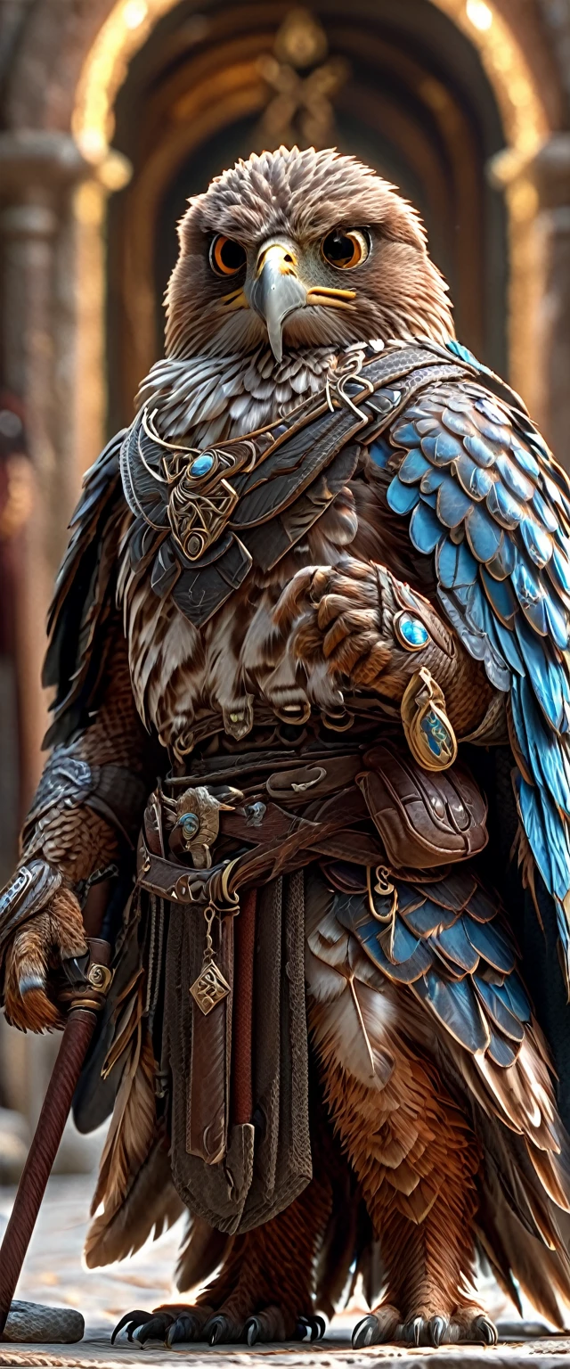 A close-up shot of a hawk, Hawk Wizard,whole body, magic circle,Carrying a walking stick, wizard dressを着ている, Dungeon Background, High resolution, masterpiece, Highest quality, Super detailed, Super detailed, Ultra-realistic,
Hong Kong Style, 3D Fluffy, Cute and adorable close-ups, Cute big round reflective eyes, Long fuzzy fur, Pixar Rendering, unreal engine Cinematic smooth, Exquisite detail, Cinematic