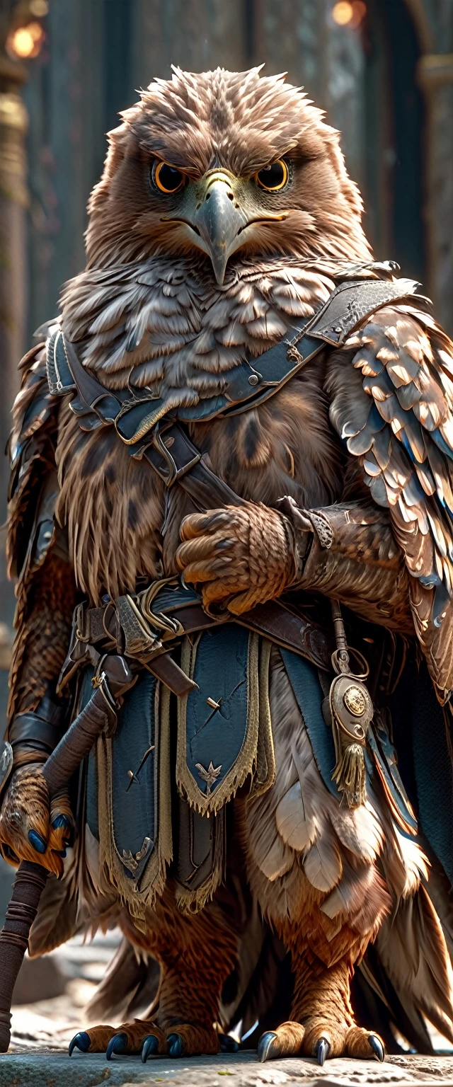 A close-up shot of a hawk, Hawk Wizard，whole body, magic circle，Carrying a walking stick, wizard dressを着ている, Dungeon Background, High resolution, masterpiece, Highest quality, Super detailed, Super detailed, Ultra-realistic,
 Hong Kong Style, 3D Fluffy, Cute and adorable close-ups, Cute big round reflective eyes, Long fuzzy fur, Pixar Rendering, unreal engine Cinematic smooth, Exquisite detail, Cinematic