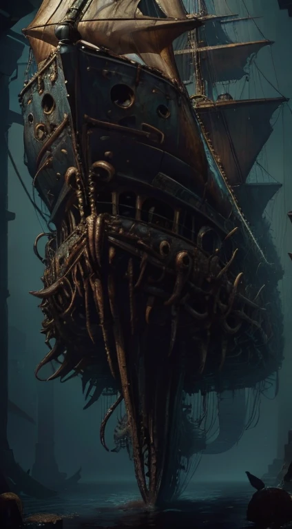 DavyJonesLockerStyle stingray engine, steampunk, wet, dripping, (Masterpiece:1.3) (best quality:1.2) (high quality:1.1), a shark mimics as a pirate ship to capture humans. Mimicry.