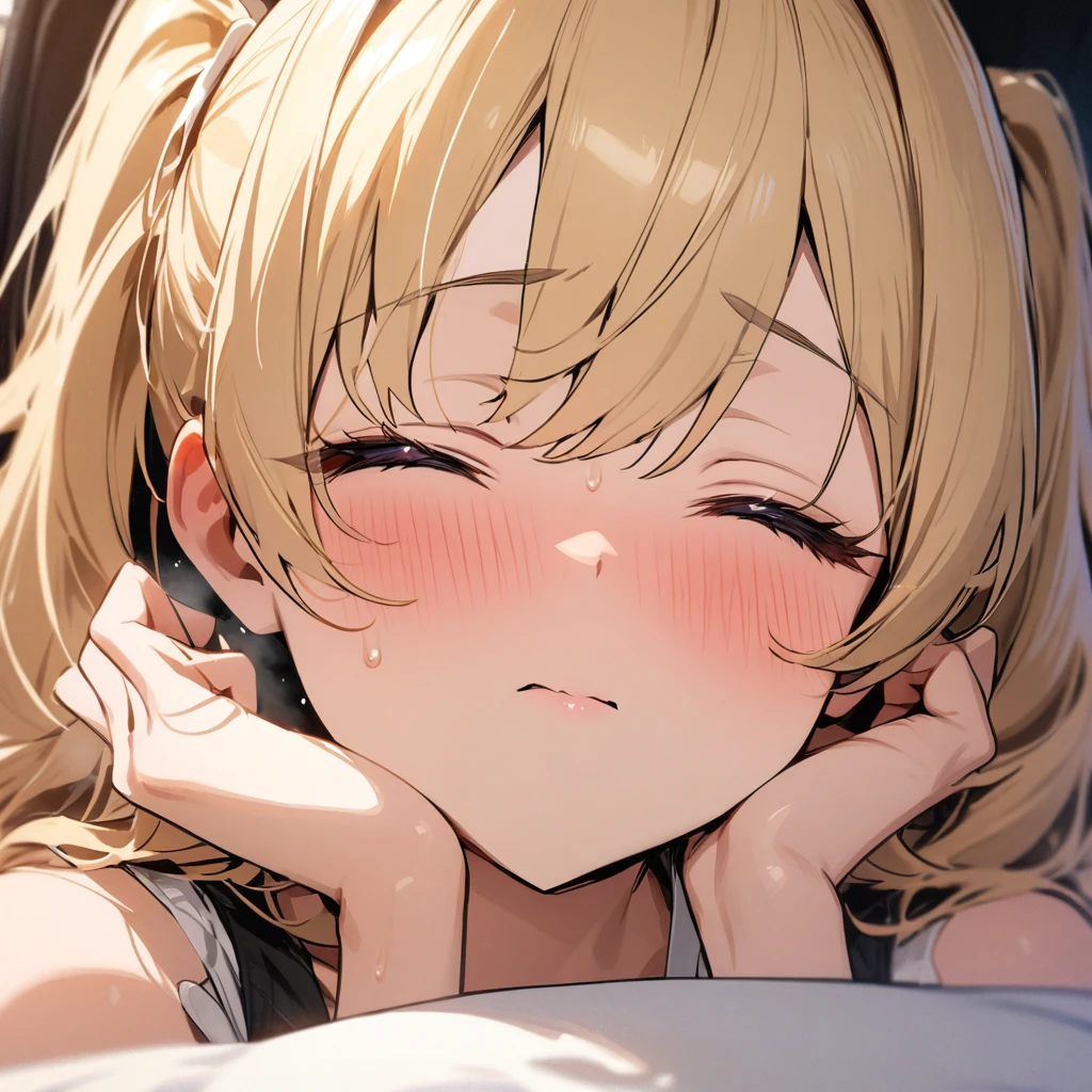 Top quality, masterpiece, blonde, twintails, eyes closed, face super zoomed in
