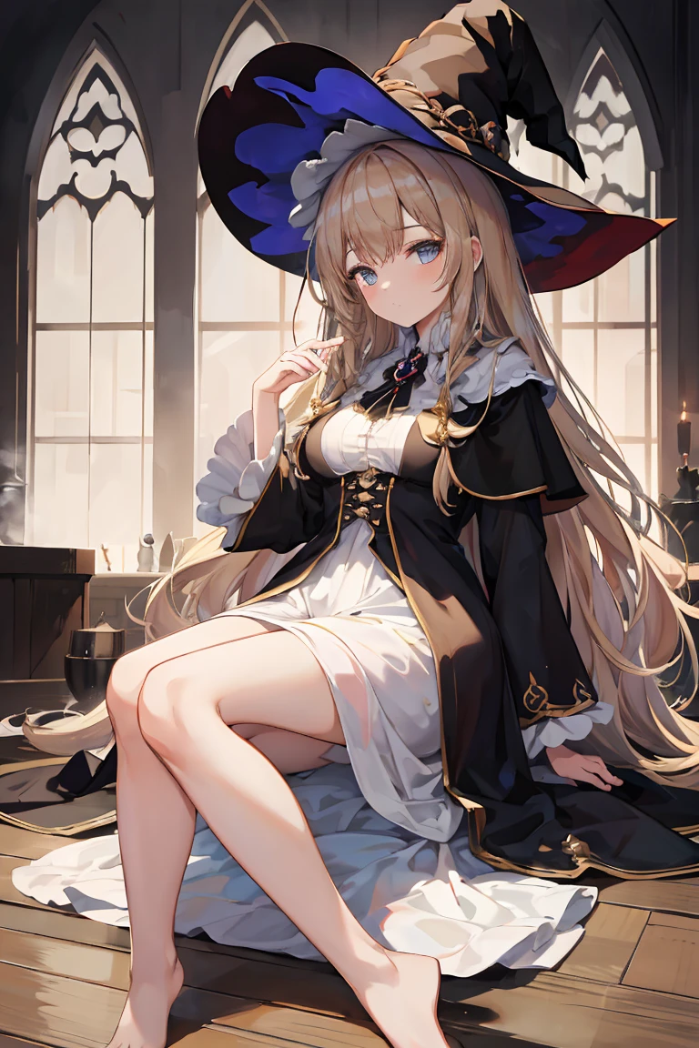 ((masterpiece)), (RAW Photos: 1.2), (Professional photography:1.2), (High resolution:1.3), One Woman, ((witch)), Fluffy hair, One woman with long beige hair, ((witch)), Fluffy hair, Beige long hair, witch&#39;Robe and fluffy skirt, ((He has a big magic wand in each hand..:1.3)), (Beautiful Black witch Hat), Holding a magic wand with both hands, cute, Tabletop, high resolution, high quality