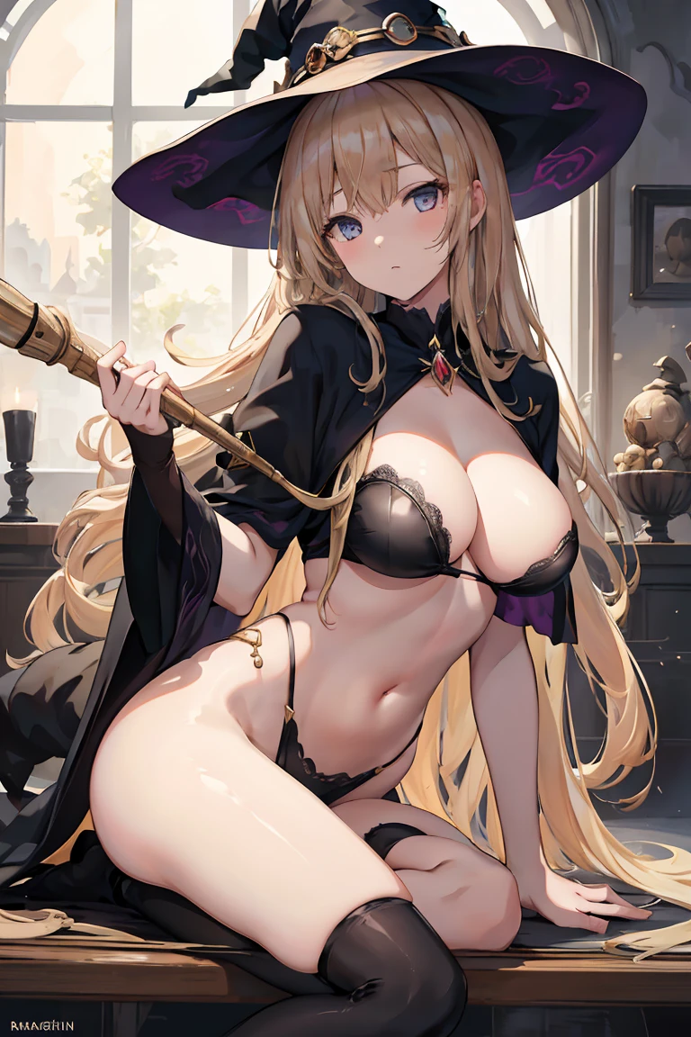 ((masterpiece)), (RAW Photos: 1.2), (Professional photography:1.2), (High resolution:1.3), One Woman, ((witch)), Fluffy hair, One woman with long beige hair, ((witch)), Fluffy hair, Beige long hair, witch'Robe and fluffy skirt, ((He has a big magic wand in each hand..:1.3)), (Beautiful Black witch Hat), Holding a magic wand with both hands, cute, Tabletop, high resolution, high quality