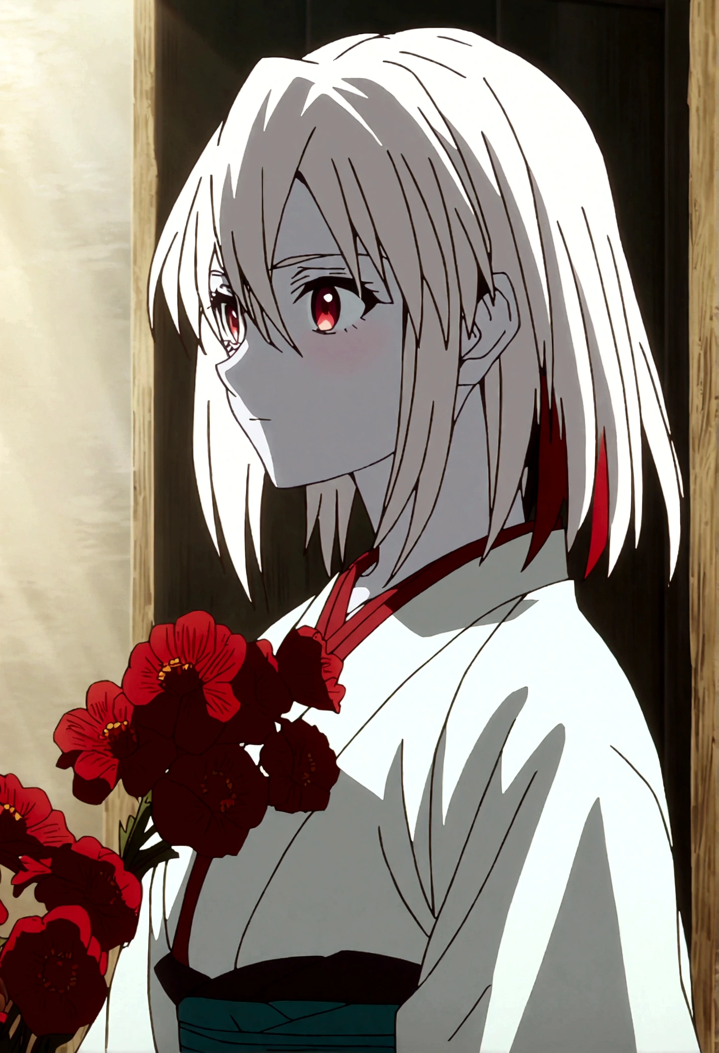 Demon slayer screencap of a 22 year old anime female with straight white hair and red streaks at the end, red eyes, pale skin, wearing a white kimono with red flowers. Ufo table studios demon slayer screen cap