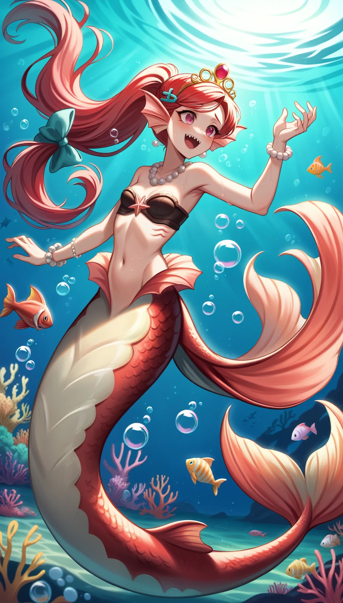 (best quality,4k,8k,highres,masterpiece:1.2),ultra-detailed, Pretty princess magically transformed into a beautiful mermaid, race swap, fantastic transformation, none human, steampunk, fish like, wet body, surrounded by small bubbles, long and detailed mermaid tail with shimmering red fish scales, fins ears, drawn in anime style, very long pigtails red hair, sharp teeth, is smiling, pink eyes, small breast, long pelvic and dorsal fins, pair of fish gills on the torso, red seashells bra, starfish hair clips, pearl earrings and bracelets, pearl necklace, hair ribbons, gold tiara, ocean depths, swimming underwater, joyful expression, playful mermaid poses, sparkling water, water reflections, ethereal atmosphere, subtle glow, whimsical and enchanting, checking her new body, underwater world, colorful coral reef, magical underwater lighting, vivid colors, breathing underwater, endless ocean depths, sunlight filtering through the water, Highly detailed, masterpiece, high quality, 4K.