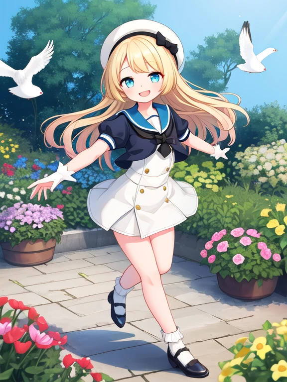 alone, one girl, jarvis, long hair, sailor hat, white sailor suit, cropped jacket, short sleeves, blonde, cute, happy, nice smile, young, bright sunlight, Full body image, Are standing, dance, (masterpiece:1.2), best quality, masterpiece, top quality, sea, seagulls, looking at viewer, garden, flowers, shining eyes