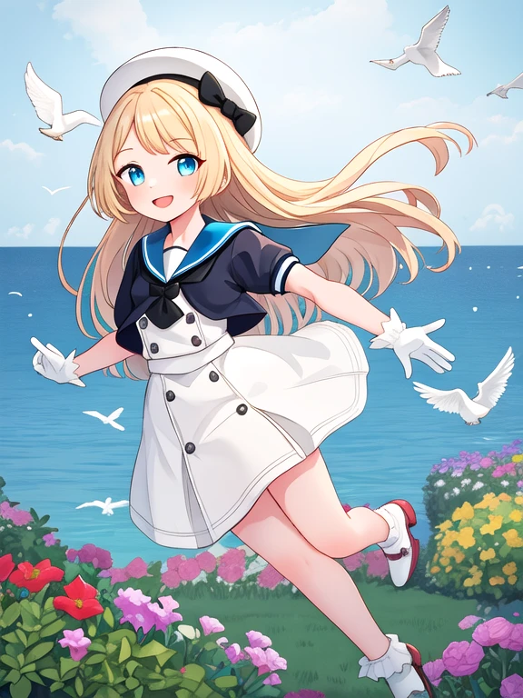 alone, one girl, jarvis, long hair, sailor hat, white sailor suit, cropped jacket, short sleeves, blonde, cute, happy, nice smile, young, bright sunlight, Full body image, Are standing, dance, (masterpiece:1.2), best quality, masterpiece, top quality, sea, seagulls, looking at viewer, garden, flowers, shining eyes