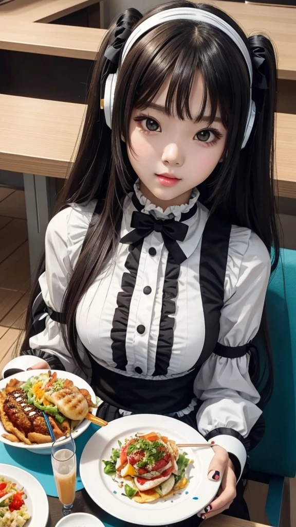 Robot girl with beautiful face sitting and eating mukbang .yummy . Lolita. Girl 18.