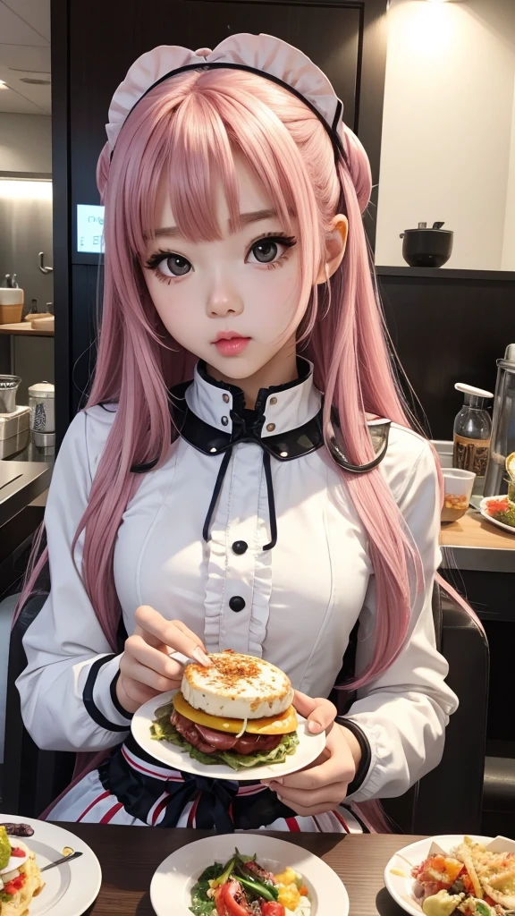 Robot girl with beautiful face sitting and eating mukbang .yummy . ta. Girl 18.