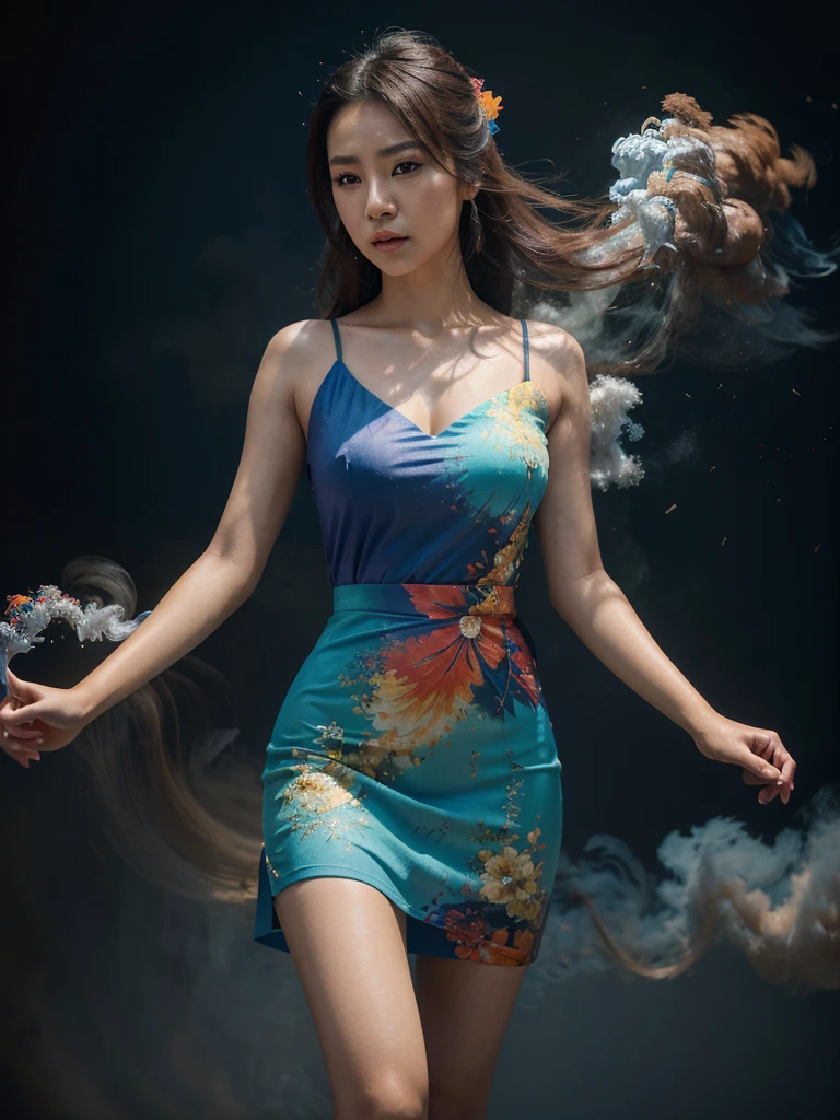 Close-up shot of a beautiful Asian woman with Beautiful eyes in a colorful dress gracefully amidst swirling smoke effects 3D smoke simulation highly detailed professional model studio background vibrant lighting 8K highresolution