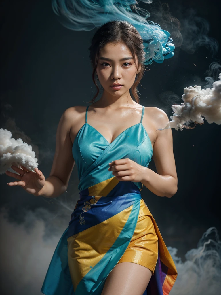 Close-up shot of a beautiful Asian woman with Beautiful eyes in a colorful dress gracefully amidst swirling smoke effects 3D smoke simulation highly detailed professional model studio background vibrant lighting 8K highresolution