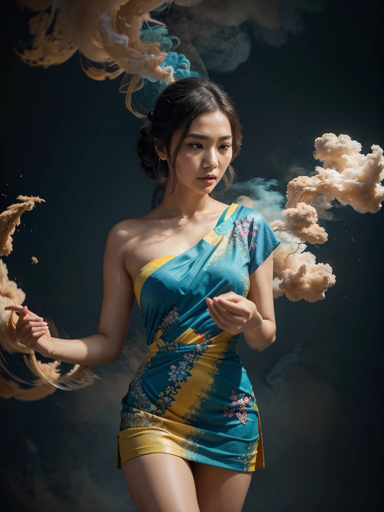 Close-up shot of a beautiful Asian woman with Beautiful eyes in a colorful dress gracefully amidst swirling smoke effects 3D smoke simulation highly detailed professional model studio background vibrant lighting 8K highresolution