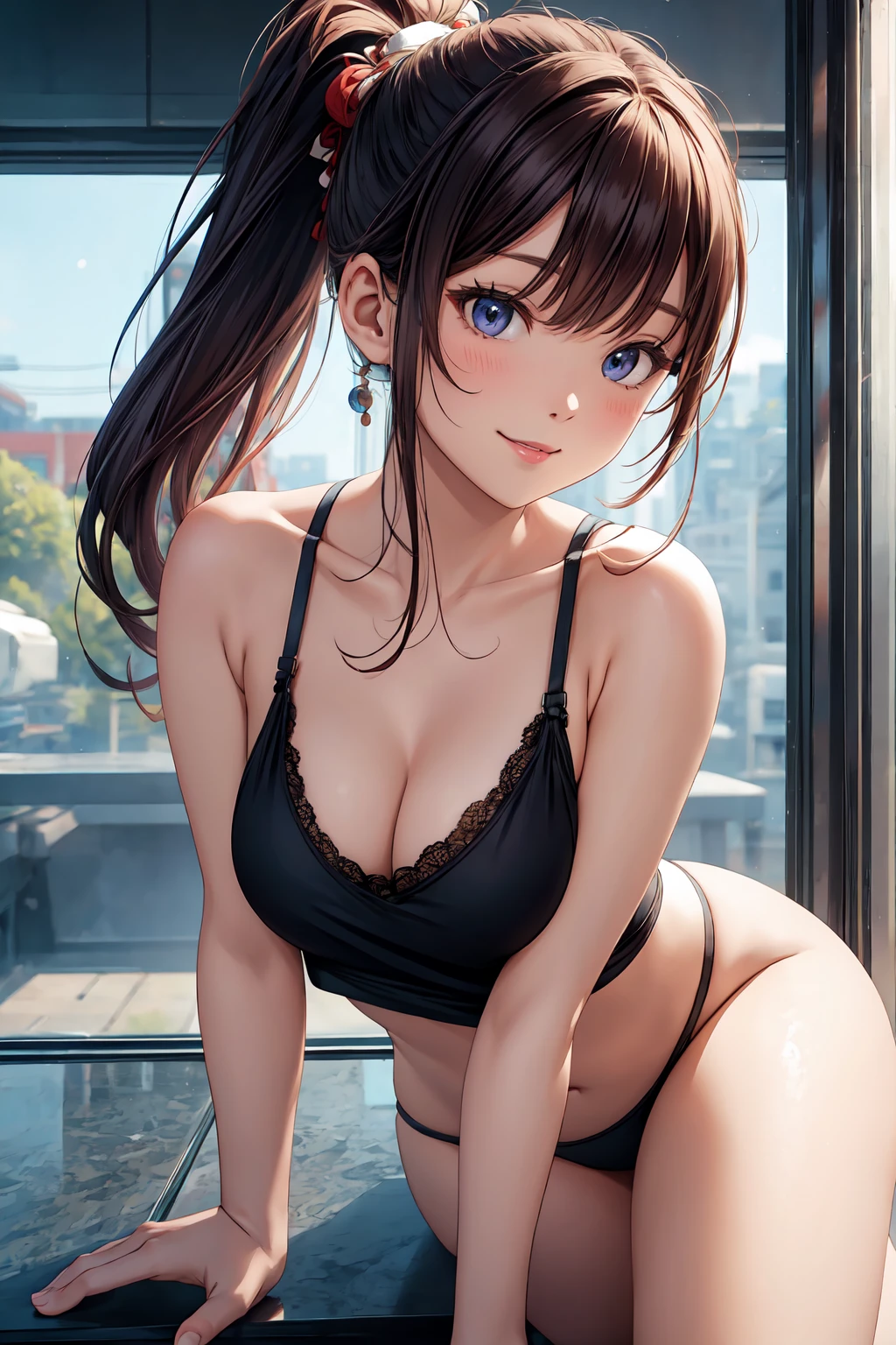 a beautiful japanese girl with a ponytail, sleeveless, cute smile, perfect facial features, long hair, detailed eyes, 1girl, (best quality,4k,8k,highres,masterpiece:1.2),ultra-detailed,(realistic,photorealistic,photo-realistic:1.37),legal photograph,vivid colors,studio lighting,sharp focus