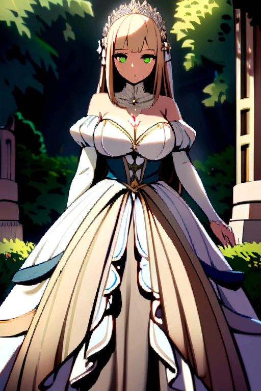 A busty light skinned girl with light caramel brown hair and green eyes wearing a princess dress while in a royal garden