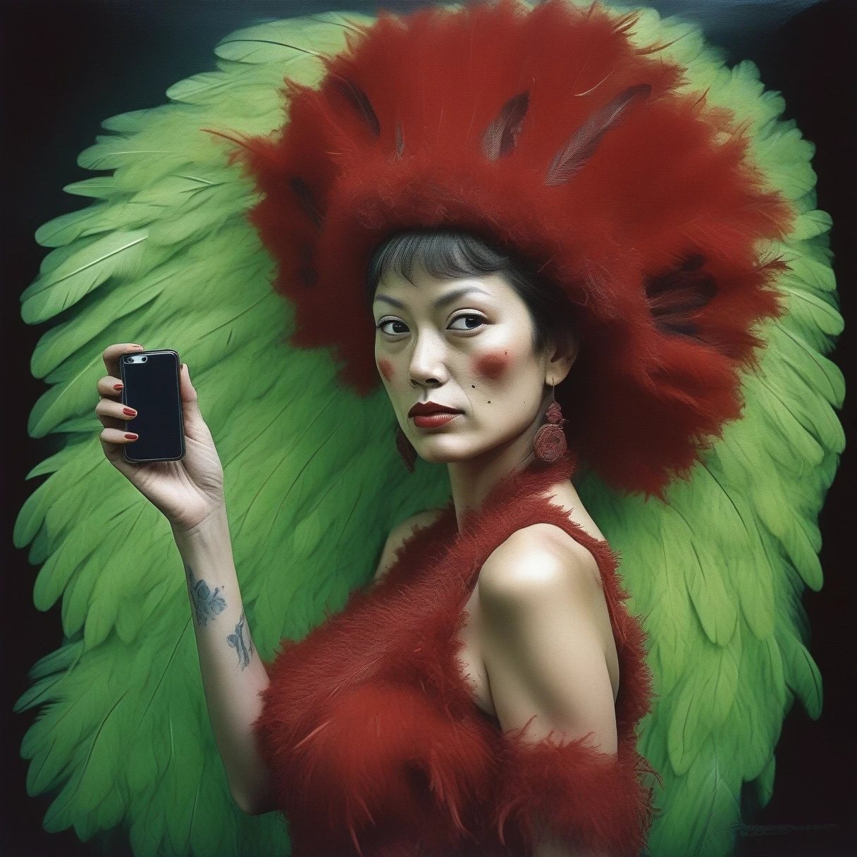 , (art by David Alfaro Siqueiros:1.1) , photograph, award winning, Dumb burly (Female:1.2) , Chef, wearing Sublime [Fur:Feathers:10] deep red Dandong, Dancing, Boorish Phone Case, Pressured Sharingan Eyes, decal art, film grain, Fuji superia 400, 800mm lens, Psychedelic and Green neon hue, "I will always love you.",  topless with breasts exposed