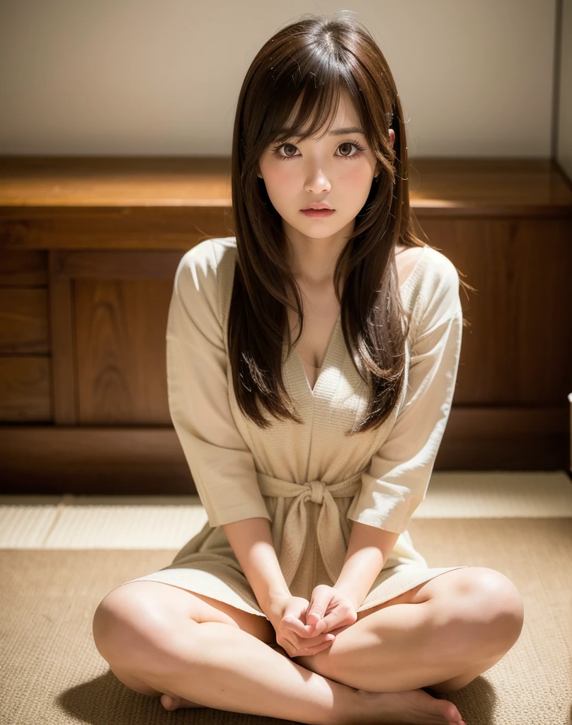 sit cross-legged on the floor, best quality, face focus, soft light, ultra high res, (photorealistic:1.4), RAW photo,
1japanese girl, solo, cute, (pupil, lights in the eyes),  detailed beautiful face, (small chest),(high resolution detail of human skin texture),
(long hair),
indoor,
Damask Shirt Dress,
(portrait)
