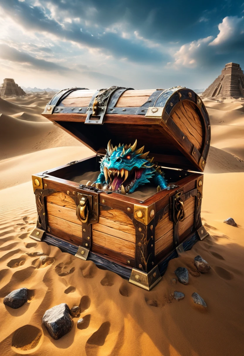 Treasure Box Monster Mimic, mimicry, Disguise as a treasure chest, The screen mainly depicts an ancient ruins buried by wind and sand. A monster is hidden inside a treasure chest, with mysterious symbols engraved on it. The monster's sharp teeth extend from the chest, ready to launch an attack. The background is a vast desert, boundless, giving people a sense of mystery and danger, cinematic still, emotional, vignette, dynamic, vivid, (masterpiece, best quality, Professional, perfect composition, very aesthetic, absurdres, ultra-detailed, intricate details:1.3)