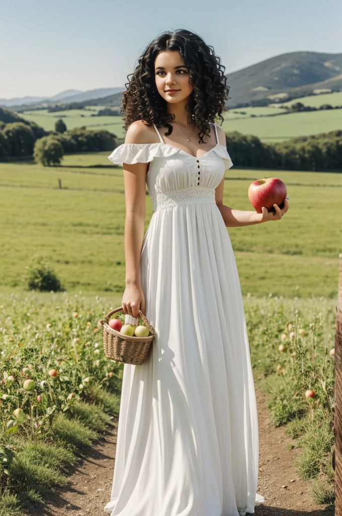 A beautiful white girl with curly black hair and a well-detailed long white dress in a landscape with an apple in her hand
