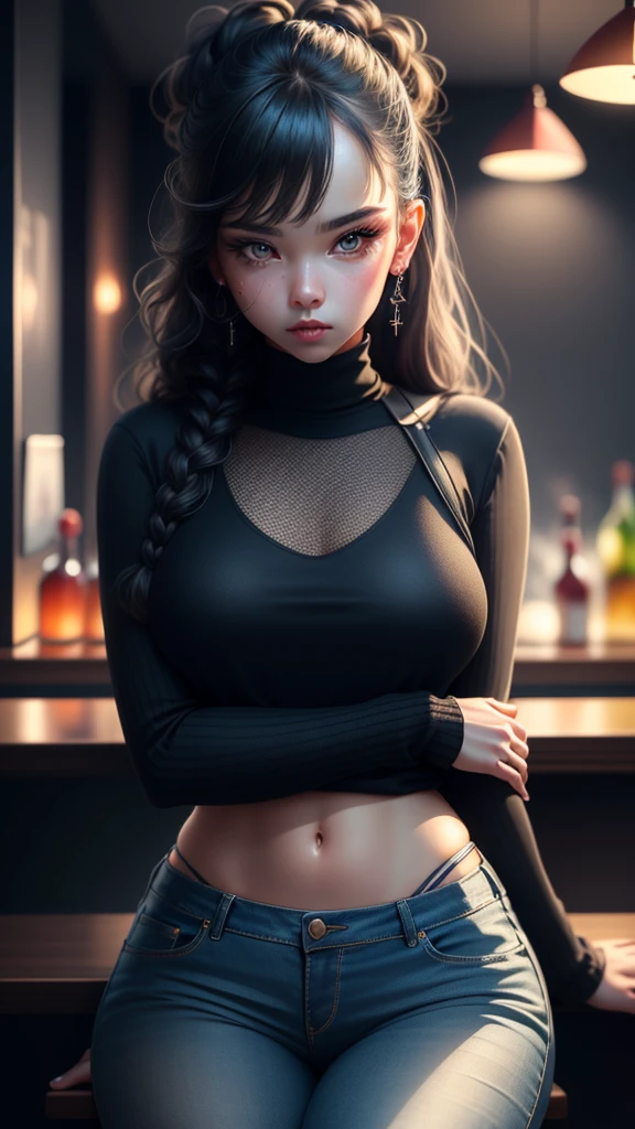 a beautiful young woman with delicate facial features, sitting at a bar with a clear view of the ocean, wearing a grey mesh sweater and tight jeans, leaning on the bar with her arms, with a slender figure and large breasts, 24 years old, charming and seductive eyes, (best quality,4k,8k,highres,masterpiece:1.2),ultra-detailed,(realistic,photorealistic,photo-realistic:1.37),HDR,UHD,studio lighting,ultra-fine painting,sharp focus,physically-based rendering,extreme detail description,professional,vivid colors,bokeh,portrait