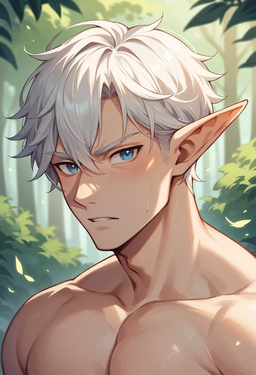 Handsome young man, elf ears, blue eyes, white hair, forest background