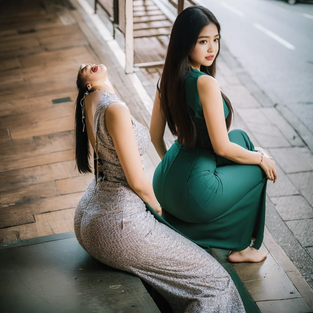 (masterpiece), (best quality), (ultra detailed),(disheveled hair),(illustration), (1girl), (Fashionable clothing), standing, full body shot ,looking at viewer, (interview), (simple background),beautiful detailed eyes, delicate beautiful face,  best lighting, best shadowkorean, gorgeous lady,
attractive beautiful face, wearing myanmar outfit , 
standing 
hand together in front, 
standing near the street,
long black hair on shoulders, 
sexy and seductive eyes, 
high angle shot, 
beautiful nose,
mdeium size breast and buttock,
hyperrealistic cinematic shot,  Sitting , Long Green skirt, Perfect Butt,Perfect  ,Sitting ,Looking Back side , Her hand on Ass sexy pose 