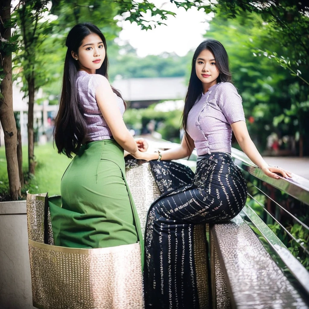 (masterpiece), (best quality), (ultra detailed),(disheveled hair),(illustration), (1girl), (Fashionable clothing), standing, full body shot ,looking at viewer, (interview), (simple background),beautiful detailed eyes, delicate beautiful face,  best lighting, best shadowkorean, gorgeous lady,
attractive beautiful face, wearing myanmar outfit , 
standing 
hand together in front, 
standing near the street,
long black hair on shoulders, 
sexy and seductive eyes, 
high angle shot, 
beautiful nose,
mdeium size breast and buttock,
hyperrealistic cinematic shot,  Sitting , Long Green skirt, Perfect Butt,Perfect  ,Sitting ,Looking Back side , Her hand on Ass sexy pose 