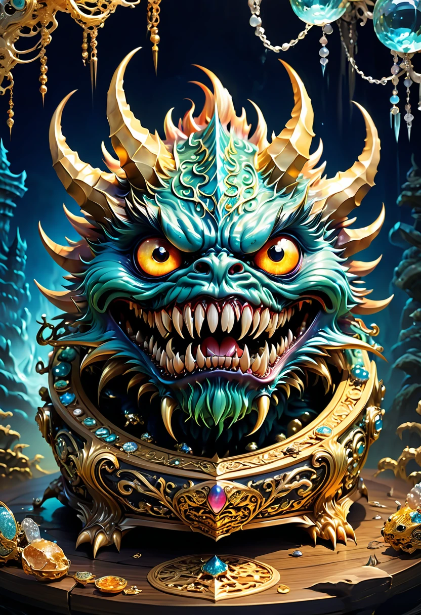 Mimic Monster disguise Treasure Box, Monster revealing terrifying fangs, Monster with sharp claw. Scattered jewelry, by Chiho Aoshima, best quality, masterpiece, very aesthetic, perfect composition, intricate details, ultra-detailed