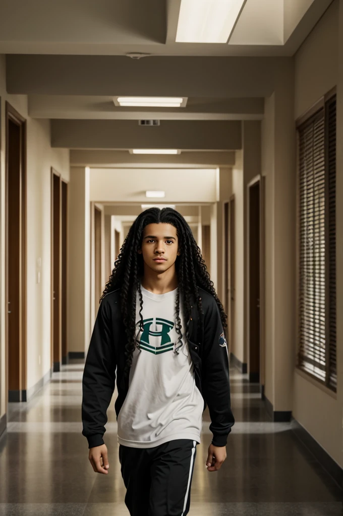 Screenshot of my yero academia.
Girl with long black curly hair.
He has brown eyes and a serious expression. He is wearing the UA uniform and in the background he has a UA hallway and he is walking to his class