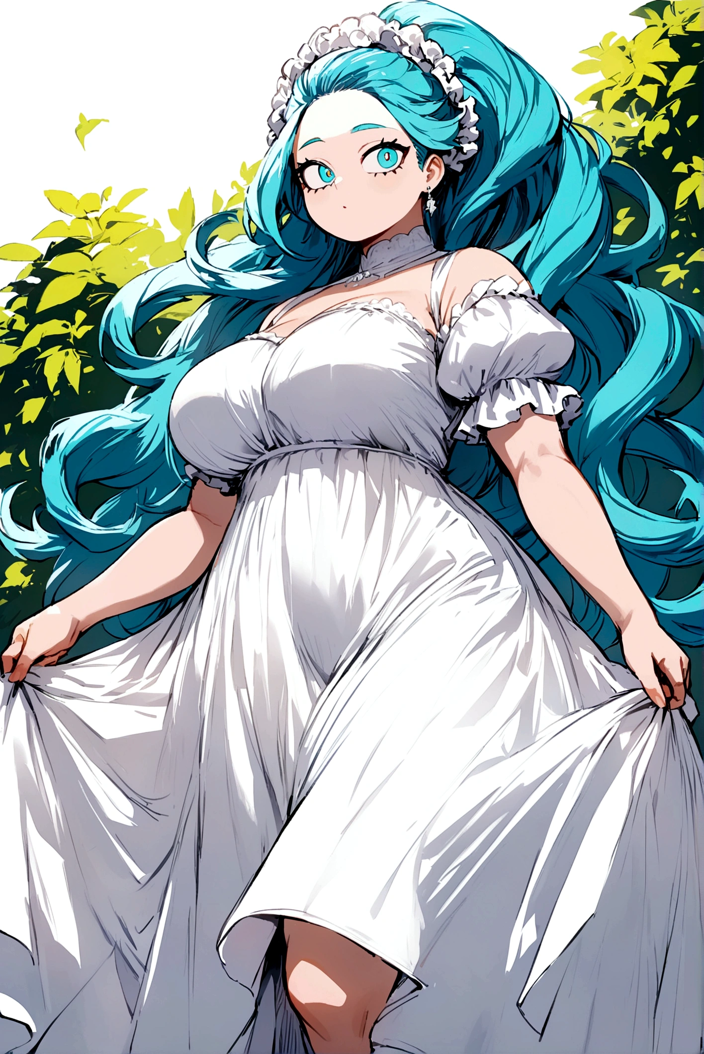 My hero academia, woman with long cyan hair and cyan eyes, wearing a dress and a full figure