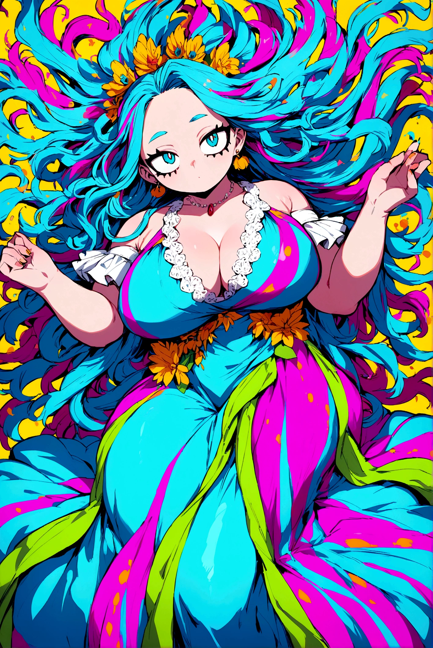 My hero academia, woman with long cyan hair and cyan eyes, wearing a dress and a full figure