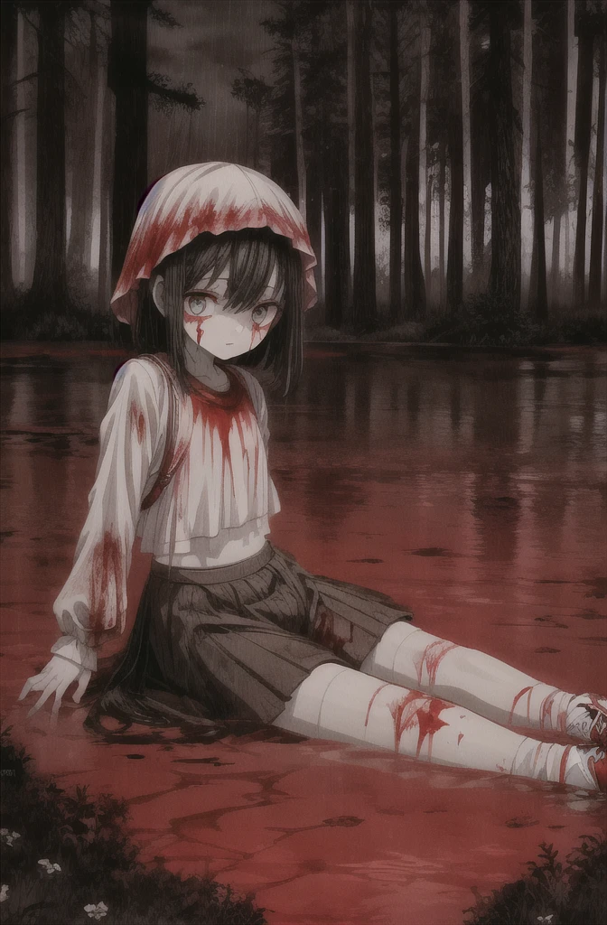 ((masterpiece)),(((best quality))), ultra_detailed, (loli:1.4), [10:years:old:1.4], [perfect:face:1.5], [detailed:facial:features:1.5], [sharp:facial:contours:1.5],[detailed:green:eyes:1.5], [sharp:eyes:1.5], looking at viewer, scared expression, pale skin, very long black hair, crop top, pink pantyhose, sneakers, (camel toe:0.3), extra small breasts, full body, lying down, feet in water, blood-soaked clothes, blood on face, bleeding, [bloody:mess:1.1], [blood:everywhere:1.4]. Night eerie atmosphere, forest, flowers, shadowy trees, scary trees, bloody river, crimson water, bad weather, dark clouds, heavy (rain) visible raindrops, night lighting, blood-red colors, cool tones, (saturation:0.2), (highlight:0.3), (brightness:0.3), (contrast:1.5), (absurdres:1.2)