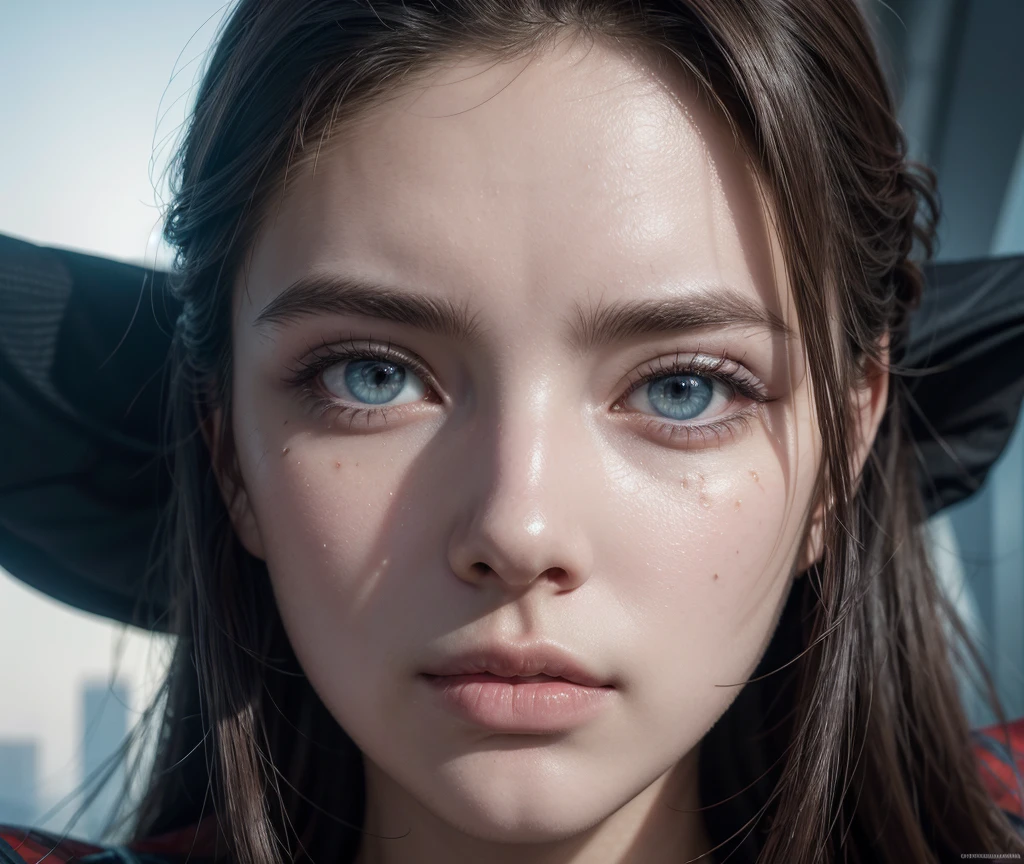 (1 girl:1.3), Alone, (((Very detailed face)))), ((Very detailed eyes and face.)))), beautifuls detalles ojos, body parts__, Official Art, unified 8k wallpaper, super detailed, beautiful and beautiful, beautiful, Masterpiece, Best Quality, Original, Masterpiece, super fine photo, Best Quality, super high resolution, realistic realism, sunlight, Full length portrait, extraordinary beauty, dynamic pose, delicate face, vibrant eyes, (FROM THE FRONT), He wears a Spider-Man suit., red and black color scheme, spider, fondo muy detallado del Ceiling de la ciudad, Ceiling, with city views, detailed face, detailed complex busy background, disordered, gorgeous, milky white, very detailed skin, realistic skin details, visible pores, clear focus, volumetric fog, 8k hd, DSLR, high quality, film grain, White skin, photographic realism, lomography, Futuristic dystopian megalopolis, translucent, (look from behind:1.2)