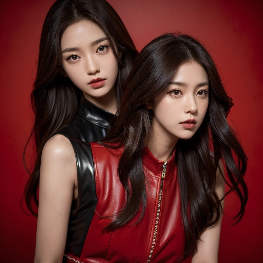 Kpop 1 idol concept picture for dark concept. Brown wavy hair, red and black leather outfit, black crown. Red background. 