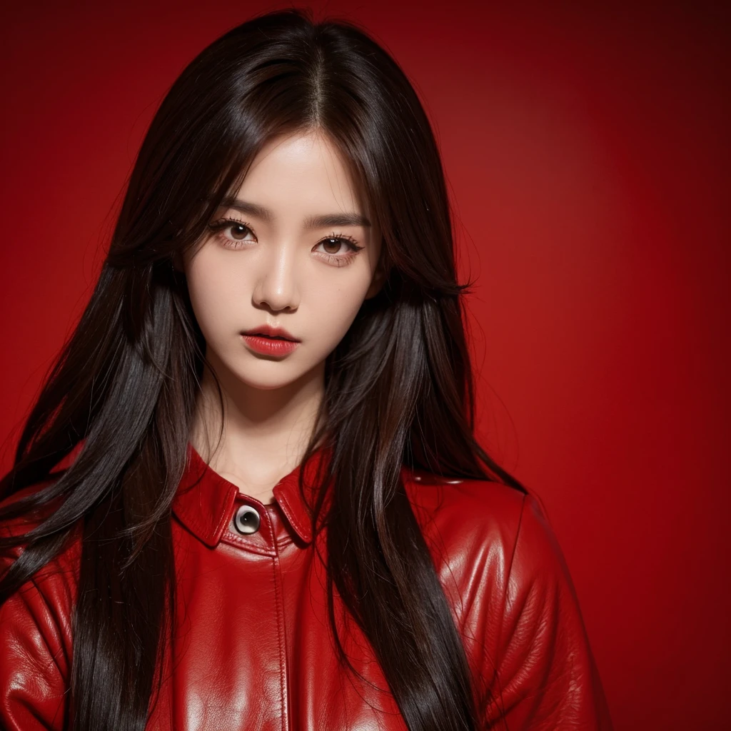 Kpop 1 idol concept picture for dark concept. Brown wavy hair, red and black leather outfit, black crown. Red background.