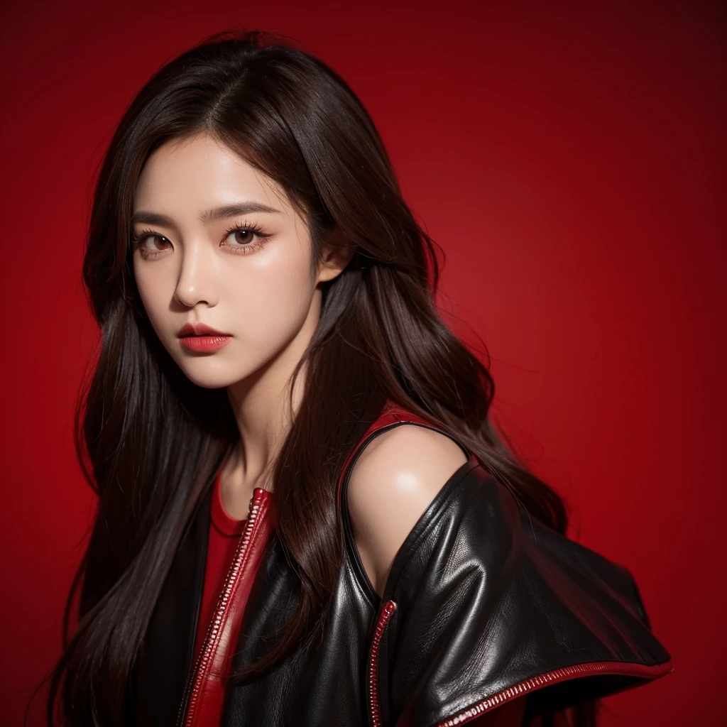 Kpop 1 idol concept picture for dark concept. Brown wavy hair, red and black leather outfit, black crown. Red background. 