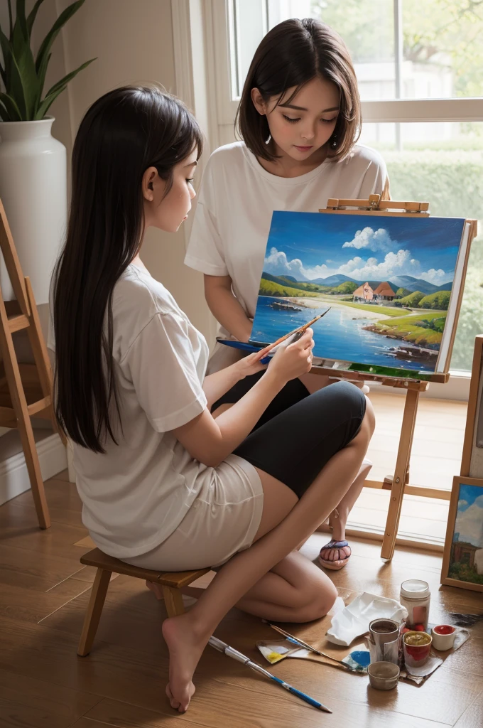 Make a person sit on their knees painting a picture
