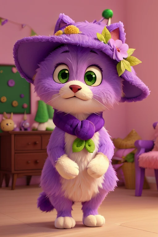 "Create an image of an adorable furry and cuddly character with purple fur, olhos grandes e brilhantes, wearing an elegant green hat decorated with small pink flowers and leaves. The character is also wearing a green scarf with small yellow dots.. The background should be soft and blurred, suggesting a cozy and modern indoor environment, with soft lights in the background."