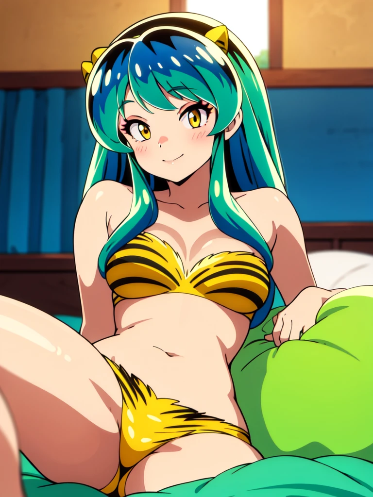 masterpiece, top quality, 1 girl, lum, green hair, behind, Lying on the bed, with cheeks, smiling, blushing, lum_bikini, whole body, A high resolution, Japan
