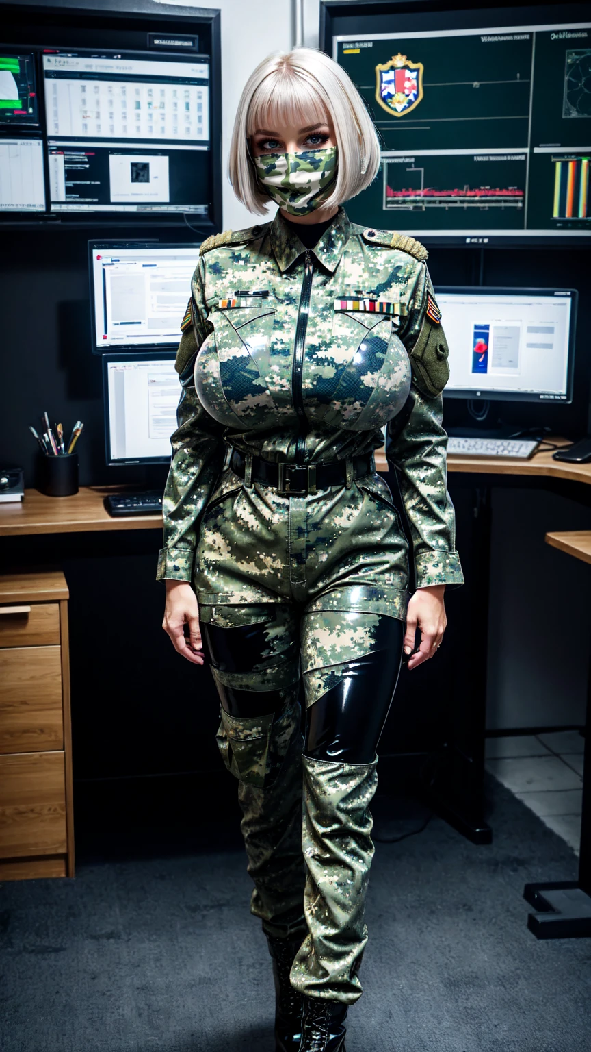 german woman, white longbob haircut, Military camouflage latex Uniform, big breast, blue eyes,Green latex Camouflage trousers, black boots, standing in the Command Room