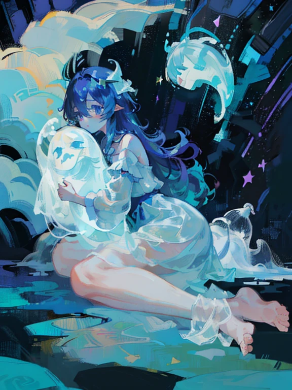 ((sfw)), (Best Quality,4k,8k, high resolution,Masterpiece:1.2), ((Masterpiece)), (((Best Quality))), slightly dull colors, Hair color, hairstyle fax, eyes, clouds, flowing hair, stars in hair, adult, starry eyes, mar, ocean, celestial, hairstyle fax, Deity, by the faded blue, hair like the sky with stars, ocean hair, soft smile, (({comforting aura})) (((abstract:0.5, paint fusion elements, ghostly, Transparent))), angel, light, Bright character, ghostly light character, Siren, Siren fascinantea