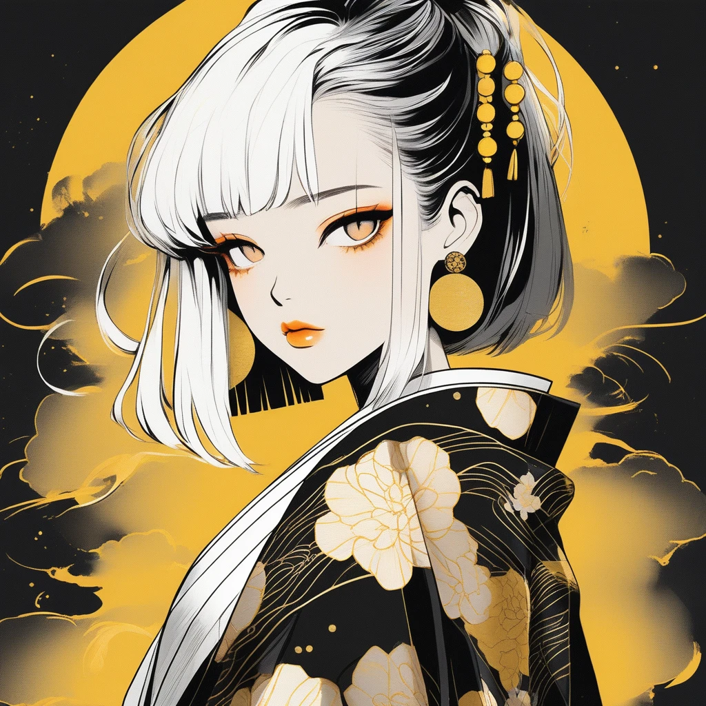 (Highest quality, sketch:1.2),Realistic,Illustrator,anime,1 Girl, Detailed lips, kimono,custom, Black and gold gradient background,Neon Hair,Texture Cropping, masterpiece, Style: Retro Classic, Black Style