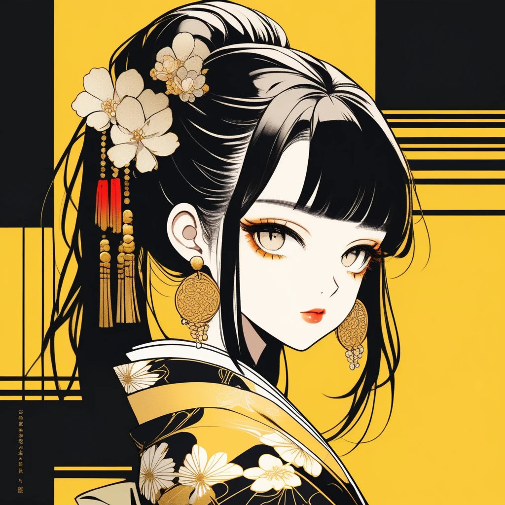 (Highest quality, sketch:1.2),Realistic,Illustrator,anime,1 Girl, Detailed lips, kimono,custom, Black and gold gradient background,Neon Hair,Texture Cropping, masterpiece, Style: Retro Classic, Black Style