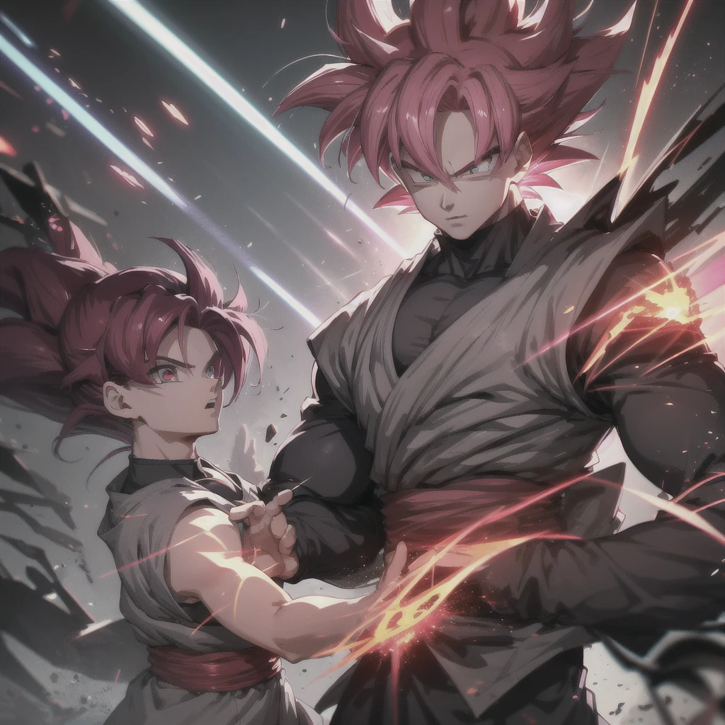 1boy,Goku black,black and red gi,super Saiyan Rosé,pink hair ,slim,super Saiyan Rosé hair, official art for dbs,BREAK, dynamic lighting, cinematic, dynamic pose,battle damage, destroyed,dark, absolutely stunning art, perfect eyes, perfect hands,highest quality digital art, Stunning art, wallpaper 4k,8k,k, HD, unparalleled masterpiece, dynamic lighting, cinematic, epic