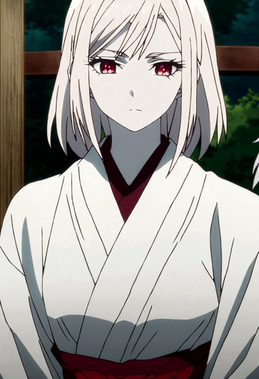 Demon slayer screencap of a 22 year old anime mature female with straight white hair and red streaks at the end, red eyes, pale skin, wearing a white kimono with red flowers. demon slayer screen cap
